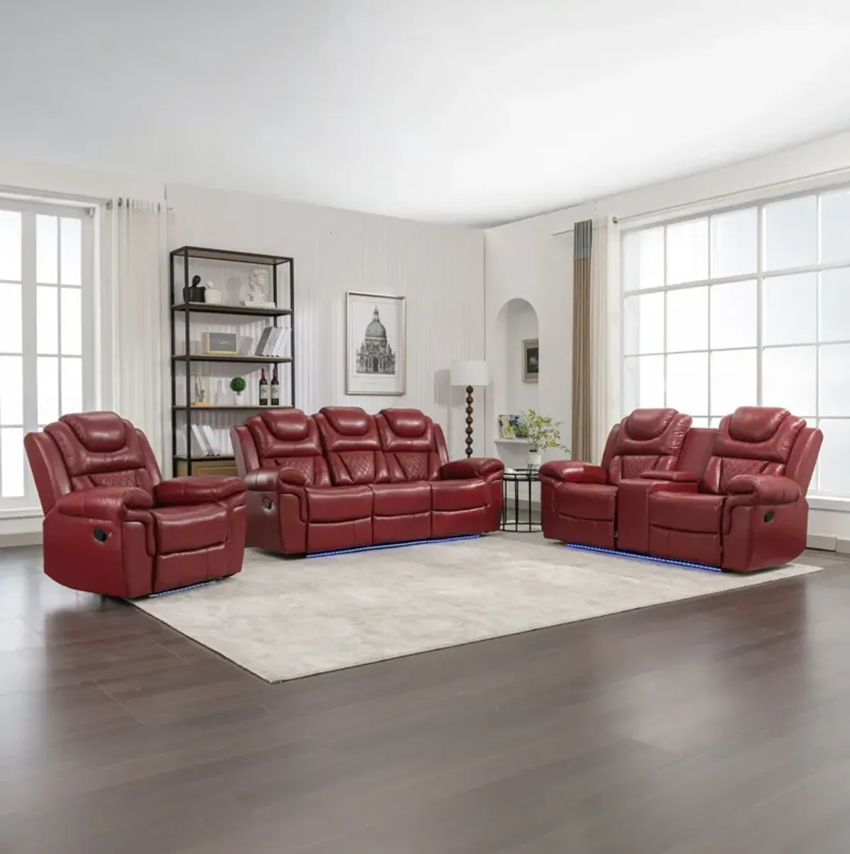 3 Pieces Recliner Sofa Sets Home Theater Seating Manual Recliner Chair With Center Console And Led Light Strip For Living Room