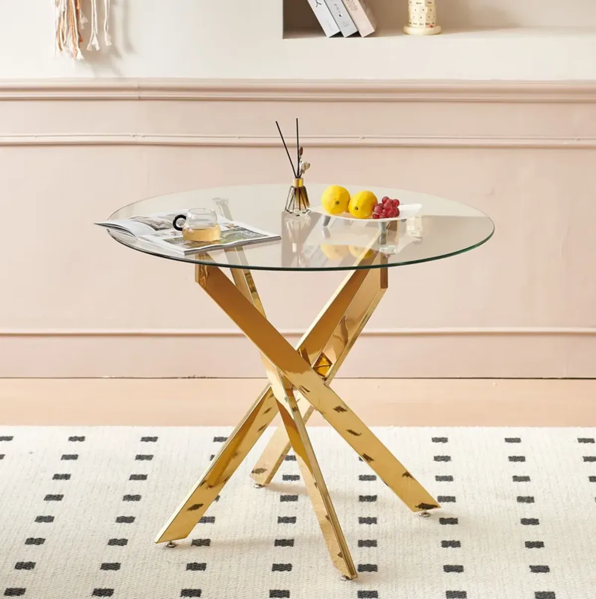 5 Pieces Dining Set, Table Metal Leg Dining Table For 4 - 6 People With Glass Table Top, Pedestal Dining Table, End Table Leisure Coffee Table - Golden