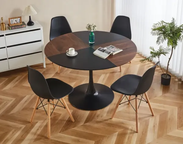 5 Pieces Dining Set, Table Metal Leg Mid-Century Dining Table For 4 - 6 People, Pedestal Dining Table, Table Leisure Coffee Table - Black