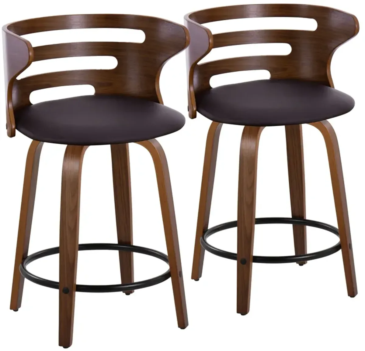 Cosini - Mid-Century Modern Fixed Height Counter Stool With Swivel With Round Footrest (Set of 2) - Walnut / Brown