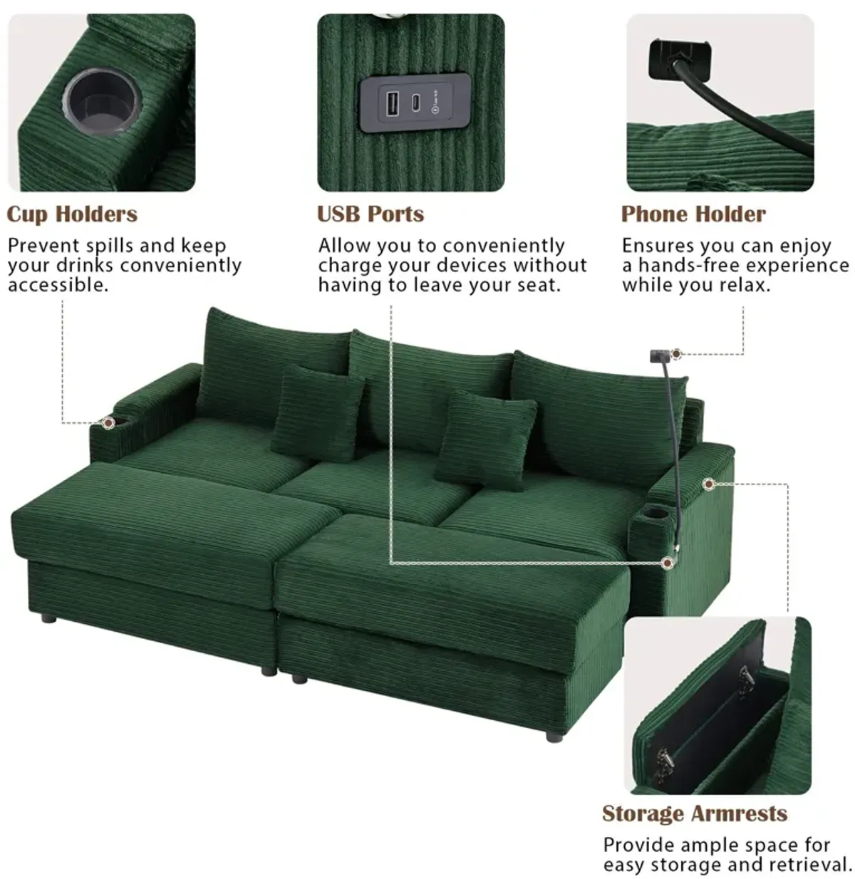 Modern Style Loveseat Sofa Sectional Sofa Couch With Storage Space, A Movable Ottoman, Two USB Ports, Two Cup Holders, A Phone Holder For Living Room