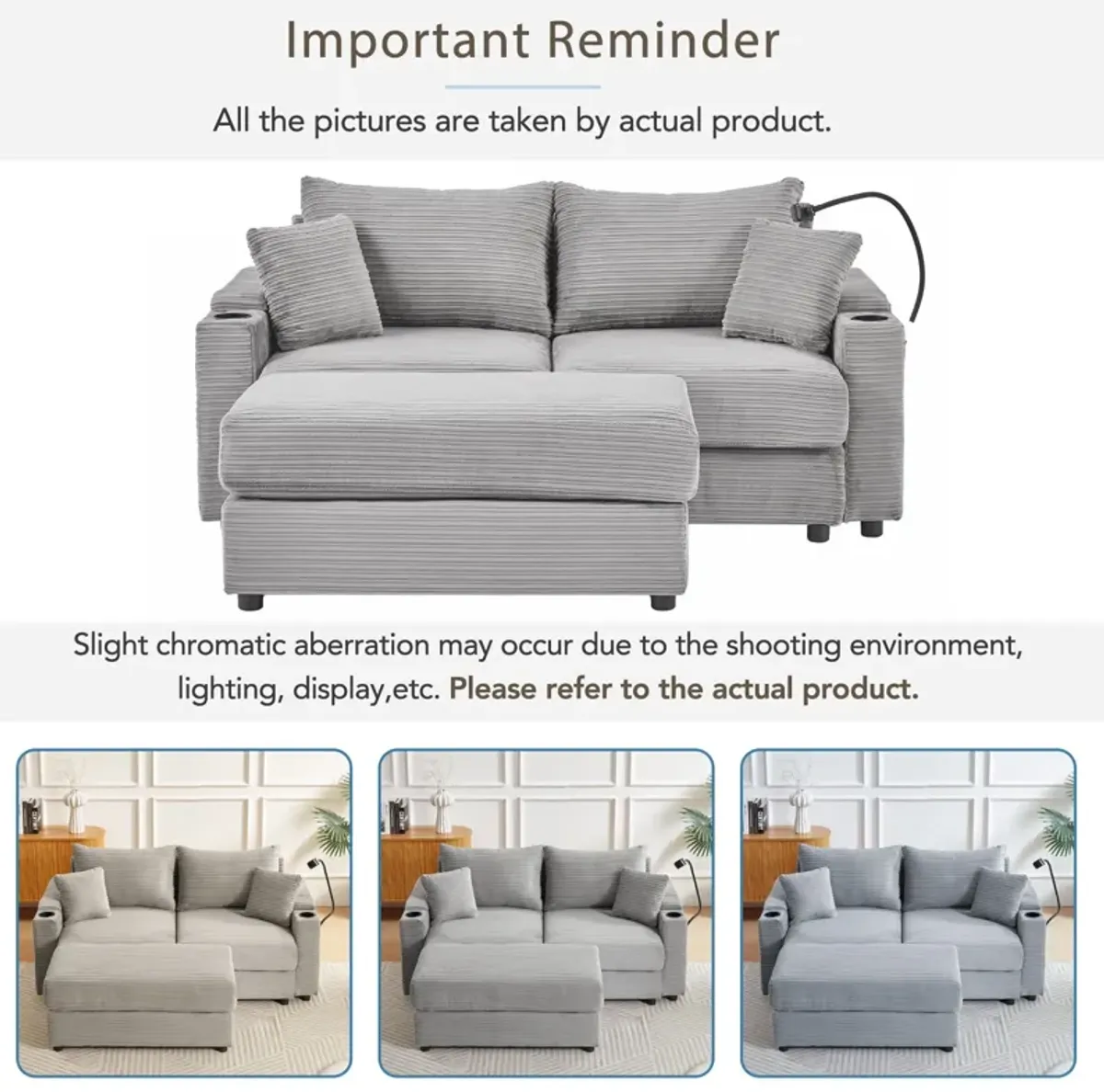 Modern Style Loveseat Sofa Sectional Sofa Couch With Storage Space, A Movable Ottoman, Two USB Ports, Two Cup Holders, A Phone Holder For Living Room