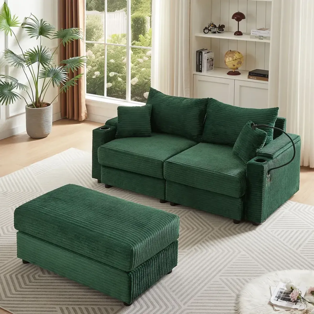 Modern Style Loveseat Sofa Sectional Sofa Couch With Storage Space, A Movable Ottoman, Two USB Ports, Two Cup Holders, A Phone Holder For Living Room