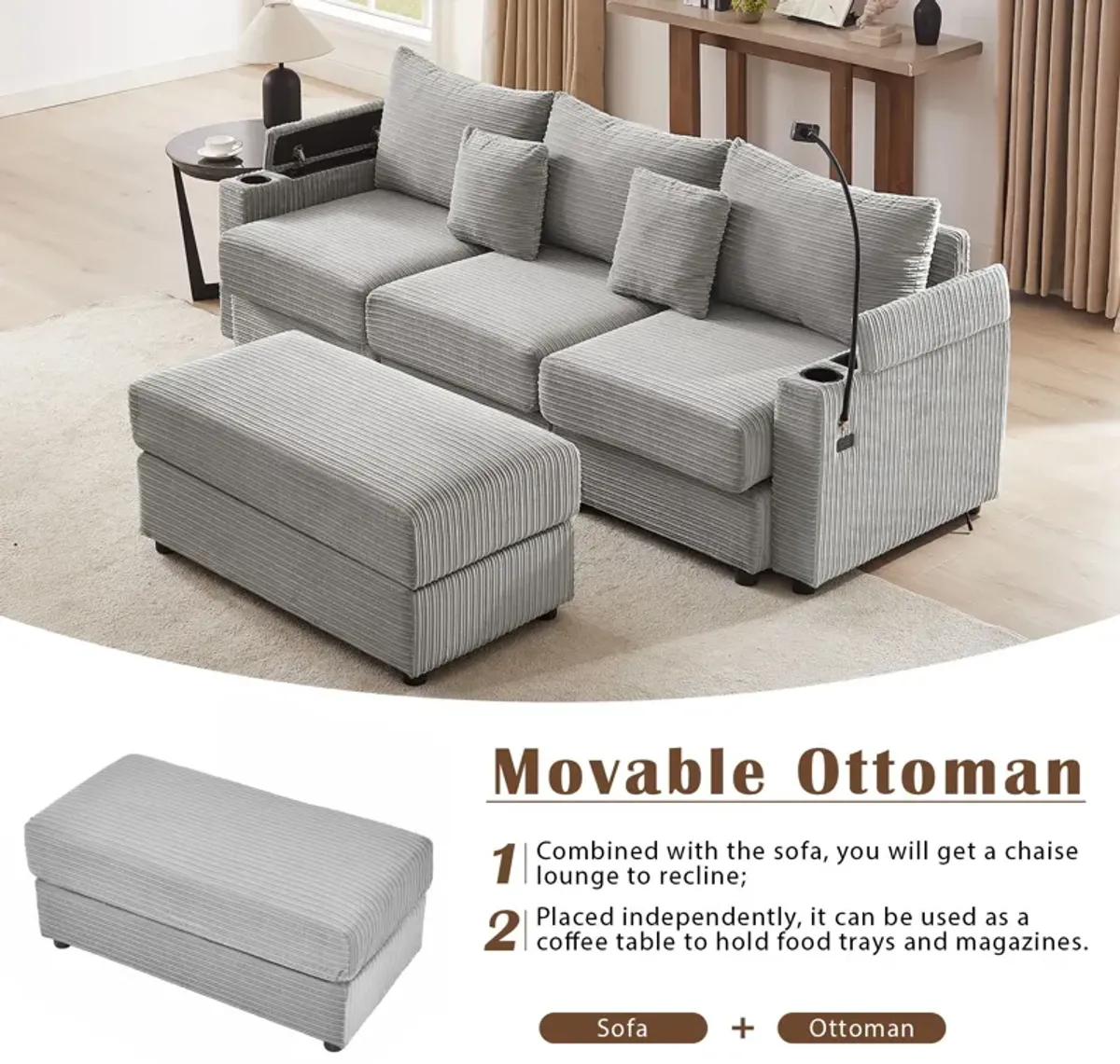 Modern Style Loveseat Sofa Sectional Sofa Couch With Storage Space, A Movable Ottoman, Two USB Ports, Two Cup Holders, A Phone Holder For Living Room
