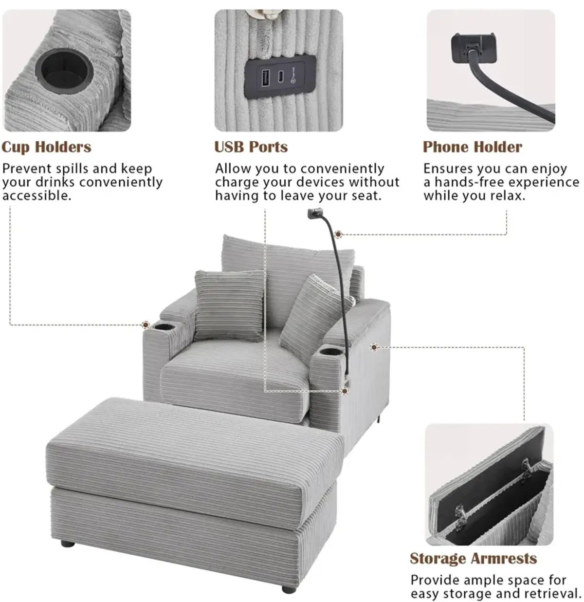 Modern Style Loveseat Sofa Sectional Sofa Couch With Storage Space, A Movable Ottoman, Two USB Ports, Two Cup Holders, A Phone Holder For Living Room