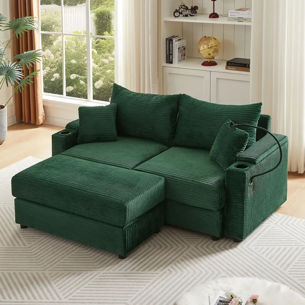 Modern Style Loveseat Sofa Sectional Sofa Couch With Storage Space, A Movable Ottoman, Two USB Ports, Two Cup Holders, A Phone Holder For Living Room