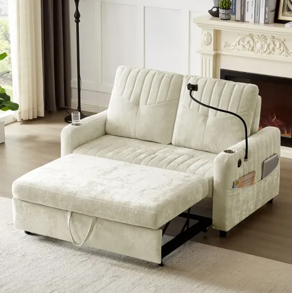 Modern Loveseat Pull Out Sofa Bed With Adjustable Backrest, Two Cup Holders, A Phone Holder, Three Charging Ports And Side Storage Pockets For Living Room