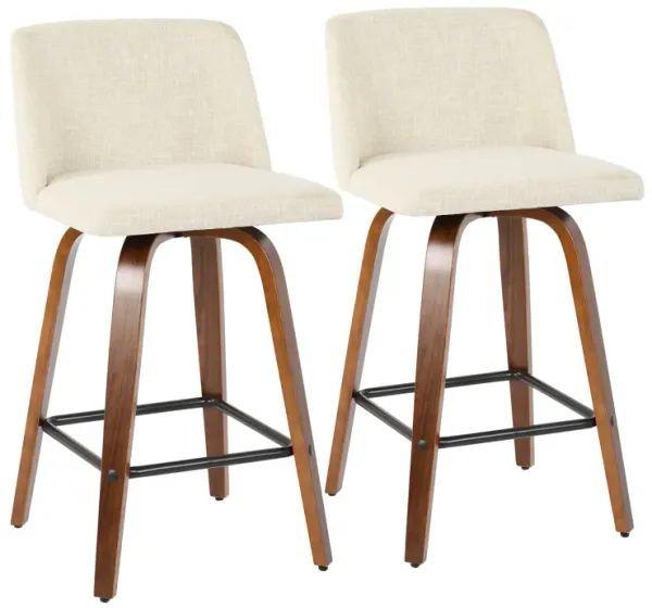 Toriano - Mid-Century Modern Counter Stool, Square Footrest (Set of 2) - Walnut / Cream