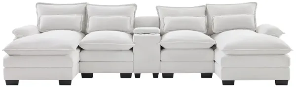 Modern U-Shaped Sofa With Console, Cupholders And USB Ports, 6 Seat Upholstered Symmetrical Indoor Furniture, Sleeper Couch Set With Chaise For Living Room