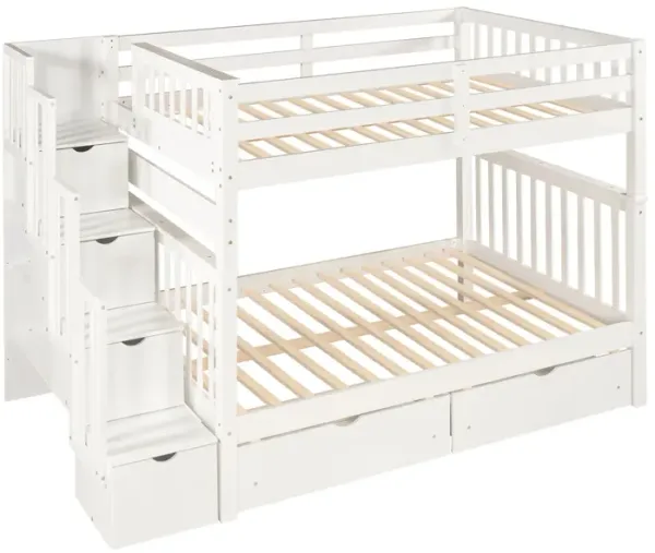 Full Over Full Bunk Bed With Shelves And 6 Storage Drawers - White
