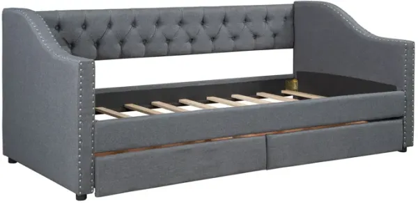 Twin Size Upholstered Daybed With Two Drawers, Slat Support - Gray