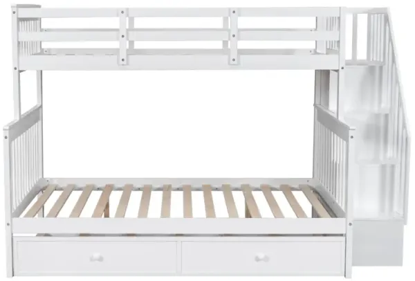 Twin Over Full Bunk Bed With Twin Size Trundle, Storage And Guard Rail For Bedroom - White