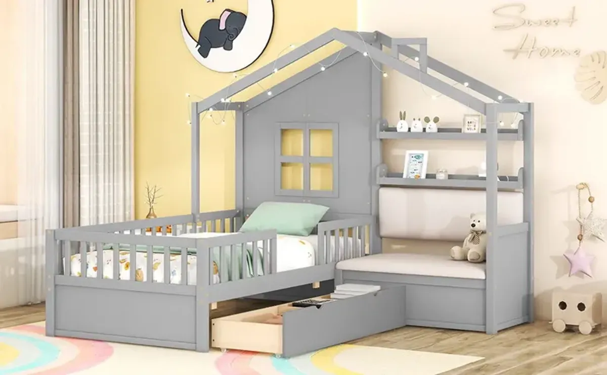 House Bed With Sofa, Kids Platform Bed With 2 Drawers And Storage Shelf