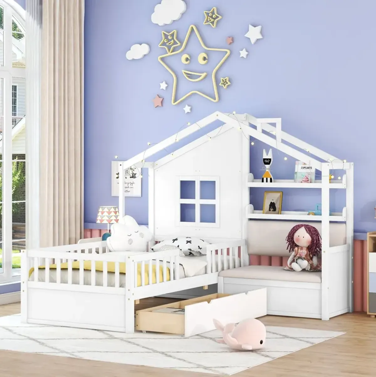 House Bed With Sofa, Kids Platform Bed With 2 Drawers And Storage Shelf
