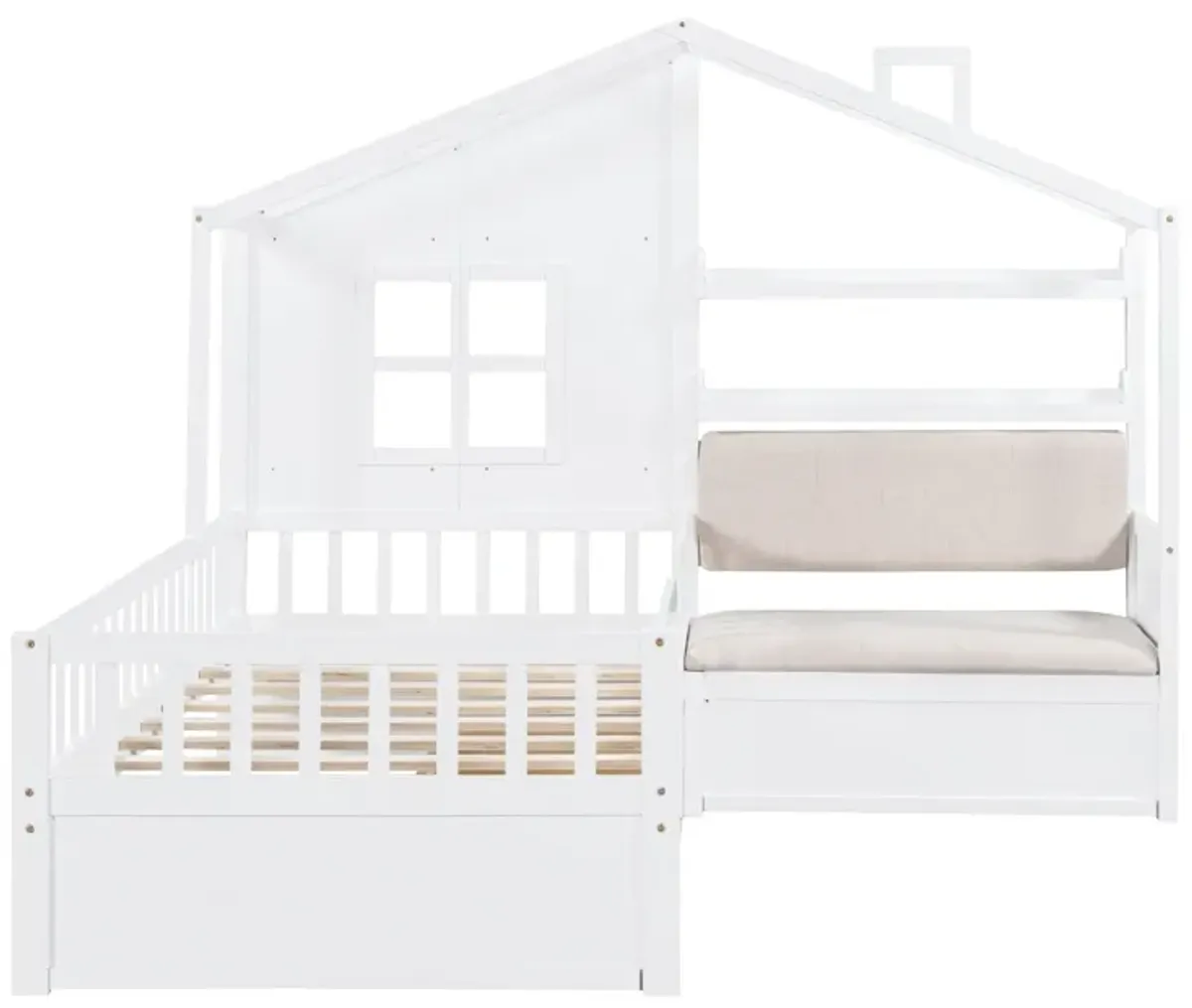 House Bed With Sofa, Kids Platform Bed With 2 Drawers And Storage Shelf
