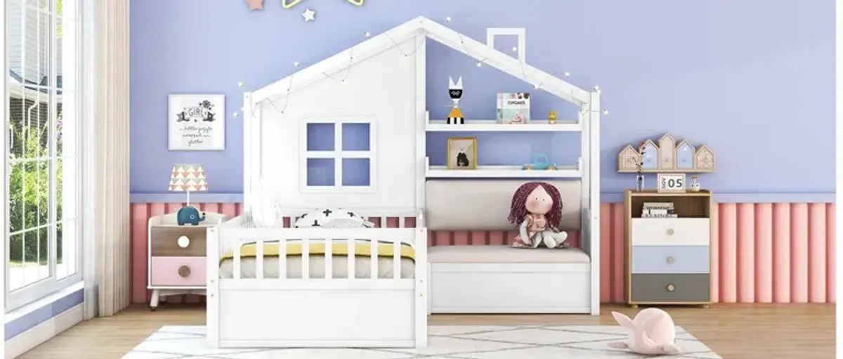 House Bed With Sofa, Kids Platform Bed With 2 Drawers And Storage Shelf