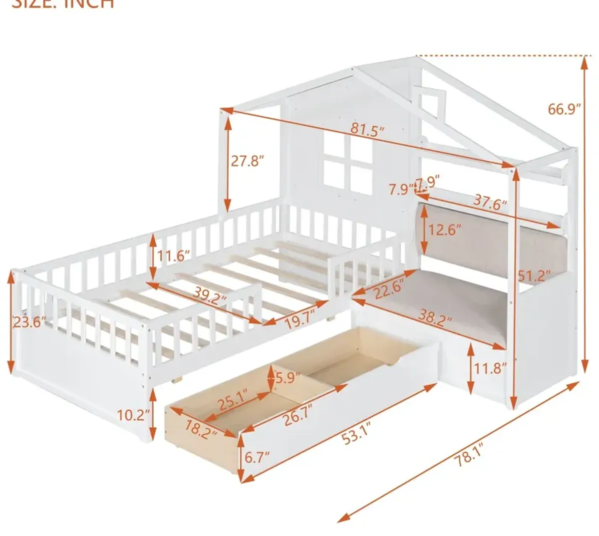 House Bed With Sofa, Kids Platform Bed With 2 Drawers And Storage Shelf