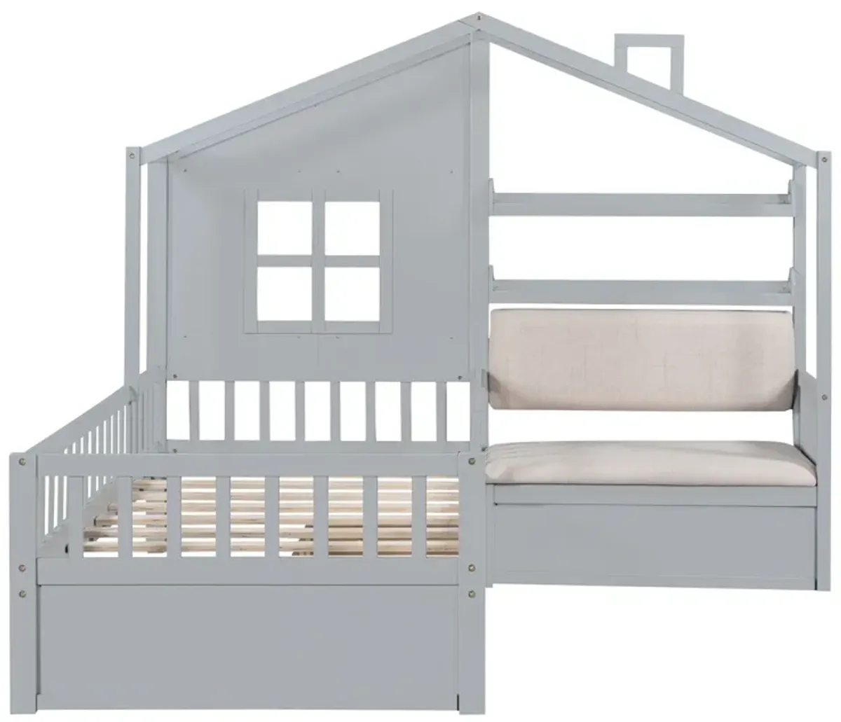 House Bed With Sofa, Kids Platform Bed With 2 Drawers And Storage Shelf