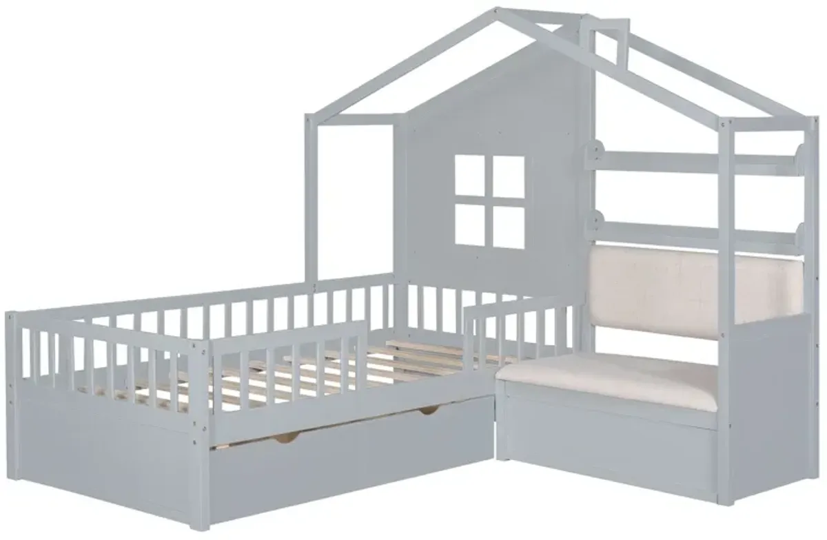 House Bed With Sofa, Kids Platform Bed With 2 Drawers And Storage Shelf
