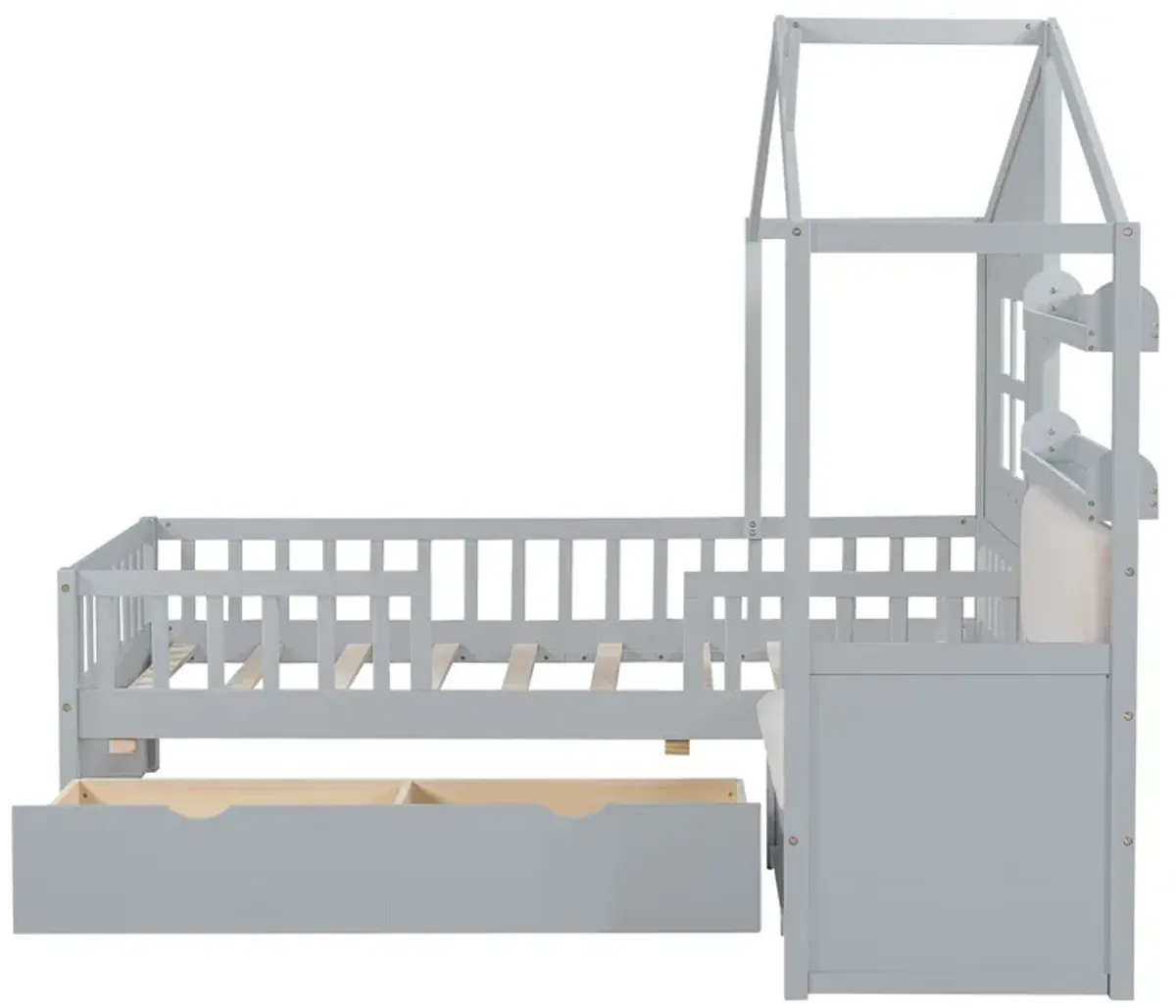 House Bed With Sofa, Kids Platform Bed With 2 Drawers And Storage Shelf
