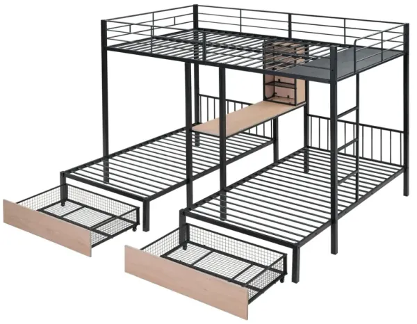 Triple Bunk Bed With Drawers, Multi-Functional Frame With Desks And Shelves In The Middle