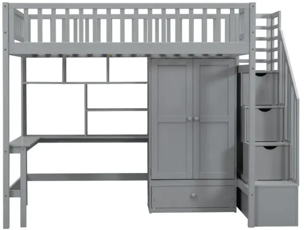 Loft Bed With Bookshelf, Drawers, Desk, And Wardrobe