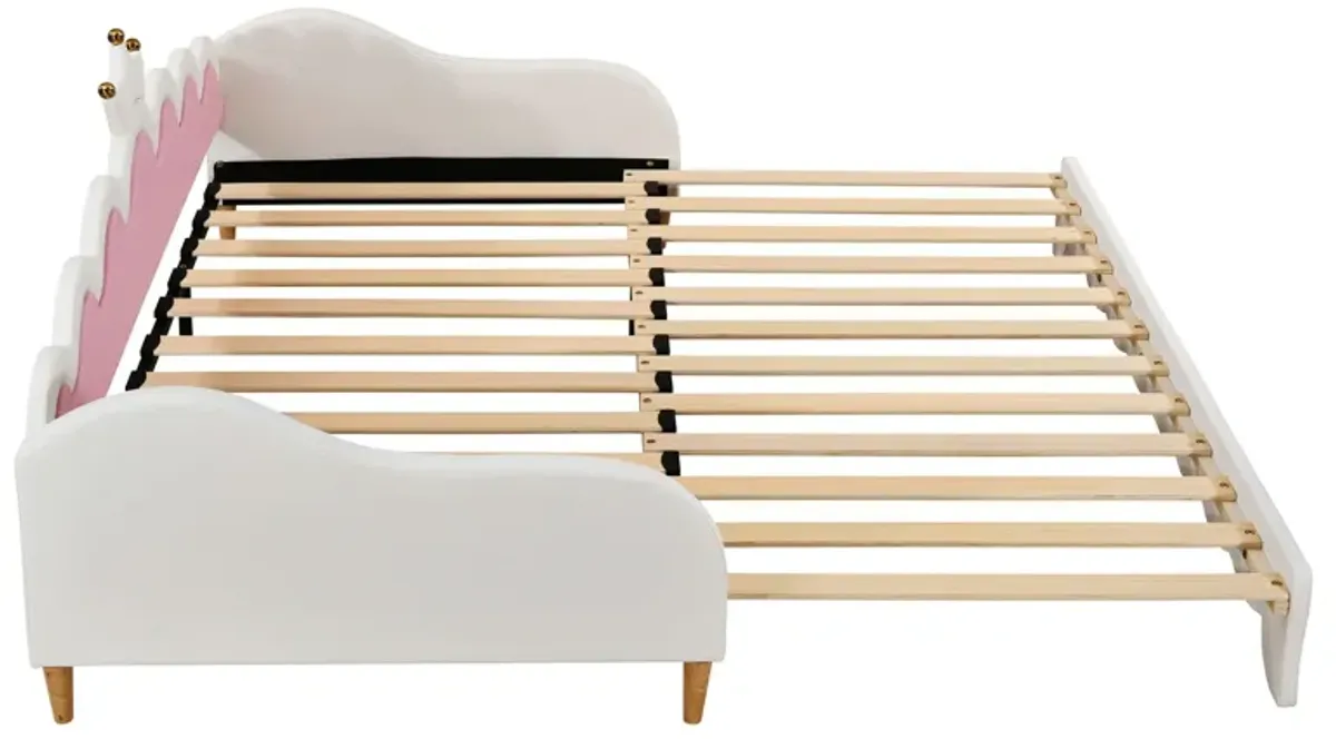 Extending Daybed With LED Lights, Modern Upholstered Princess Daybed With Crown Headboard