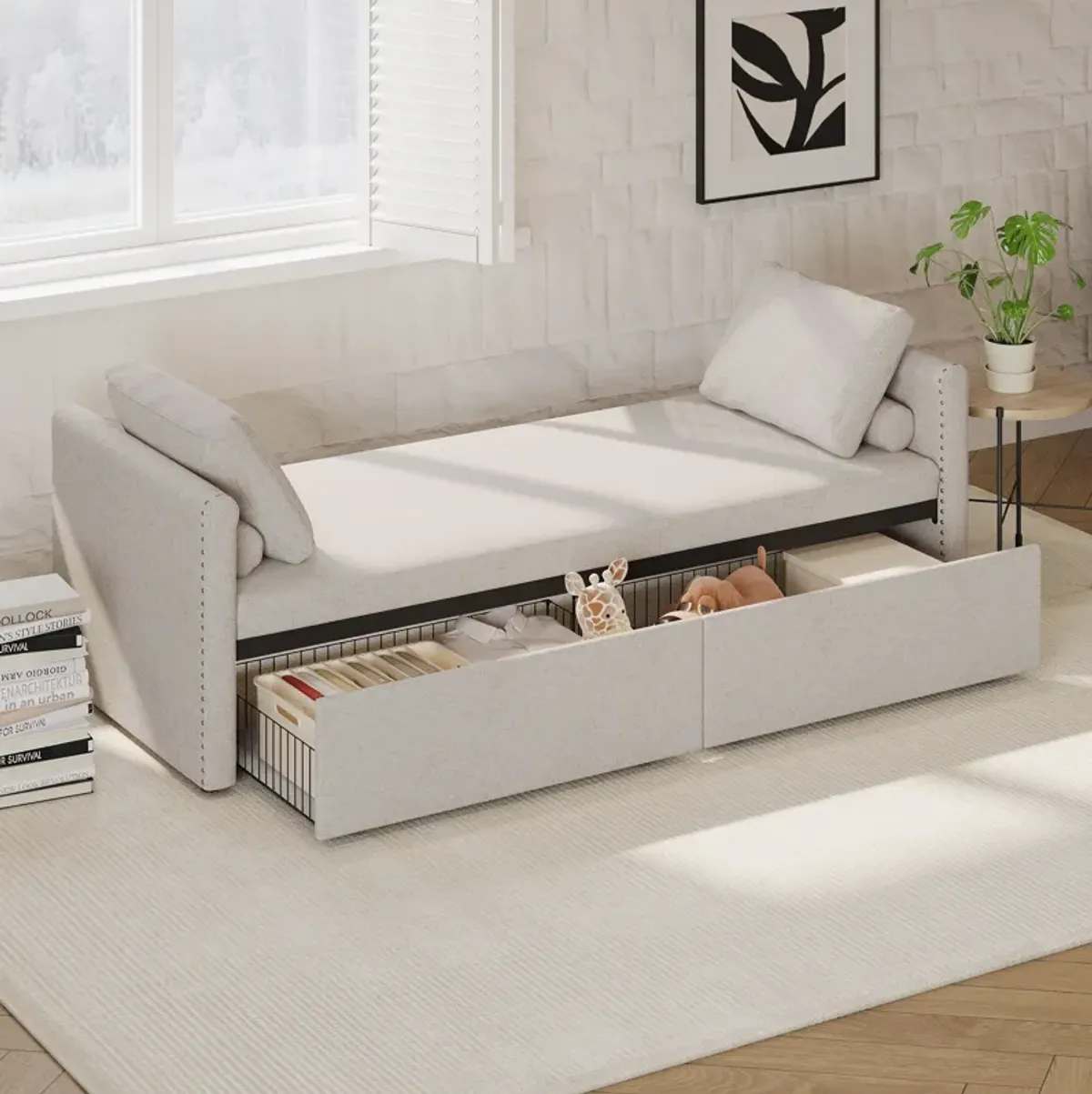 Modern Upholstered Chaise Lounger Daybed With Pillows Small Single Daybed, No Mattress Needed