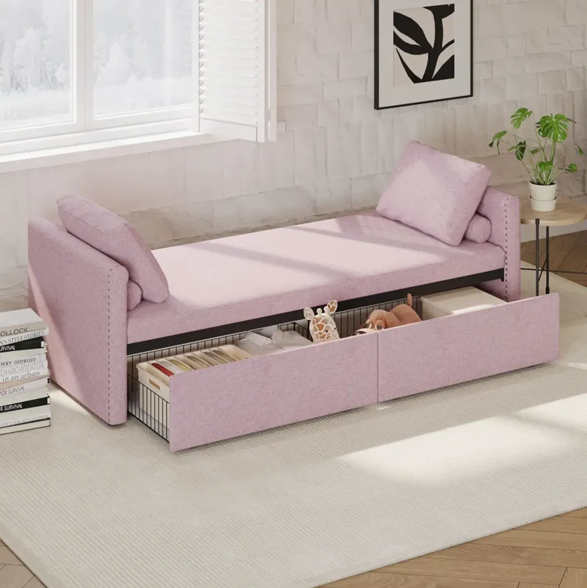 Modern Upholstered Chaise Lounger Daybed With Pillows Small Single Daybed, No Mattress Needed