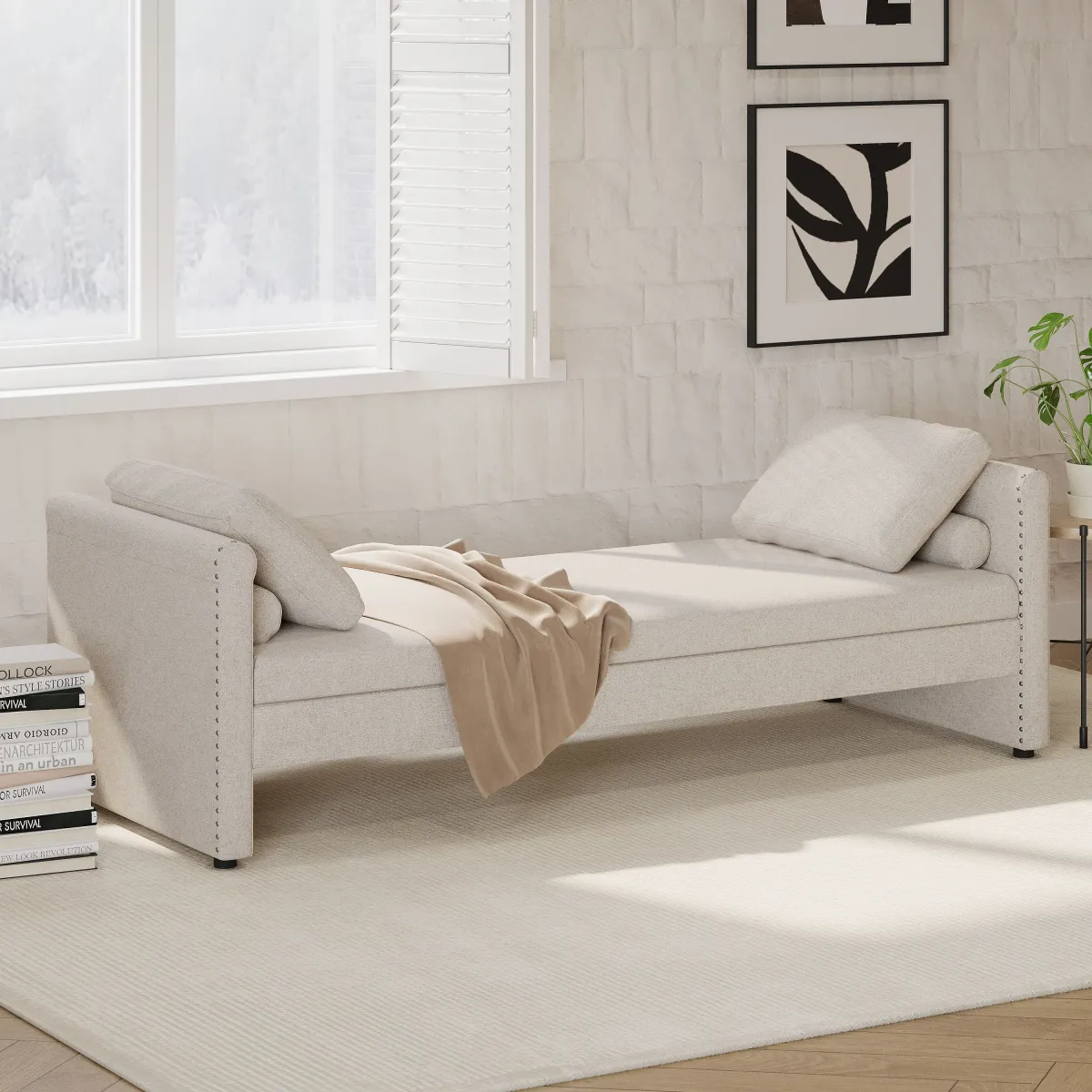 Modern Upholstered Chaise Lounger Daybed With Pillows Small Single Daybed, No Mattress Needed