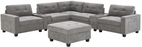 Sectional With Acrylic Table Top U Shaped Couch Set With 2 Consoles USB Charger, Storage Drawers And Pockets Movable Ottoman Tufted Sofa