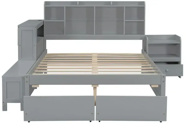 Platform Bed With Multi Functional Storage Space, Nightstand, 2 Drawers, USB Ports And Desk