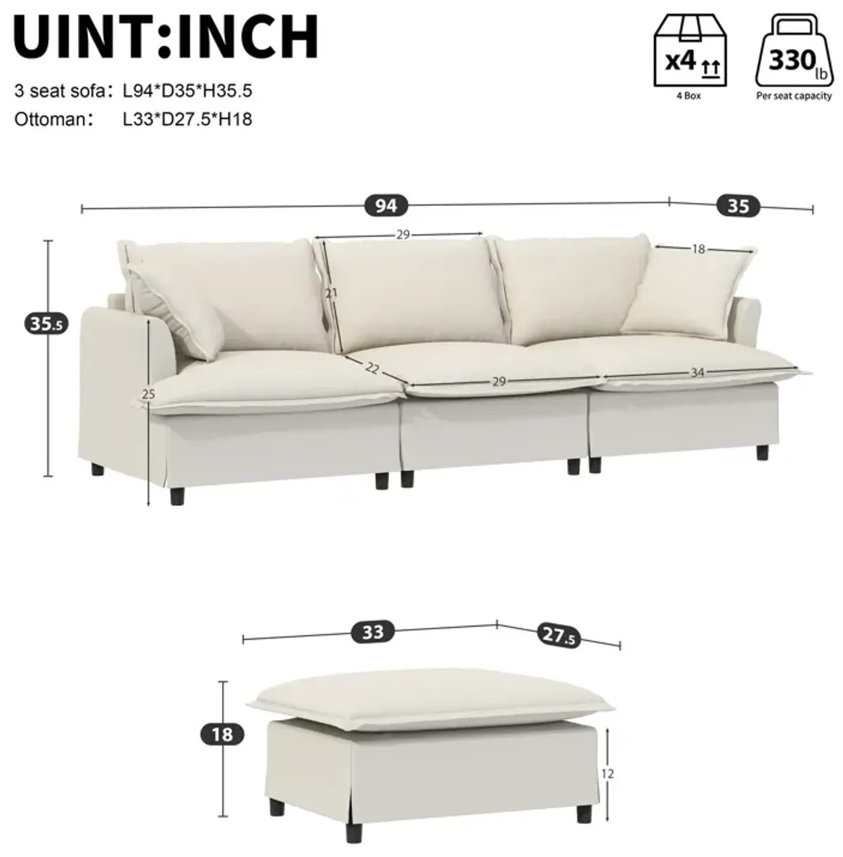 Sectional Sofa With Ottoman Cloud Couch Set With Throw Pillows, Free Combination