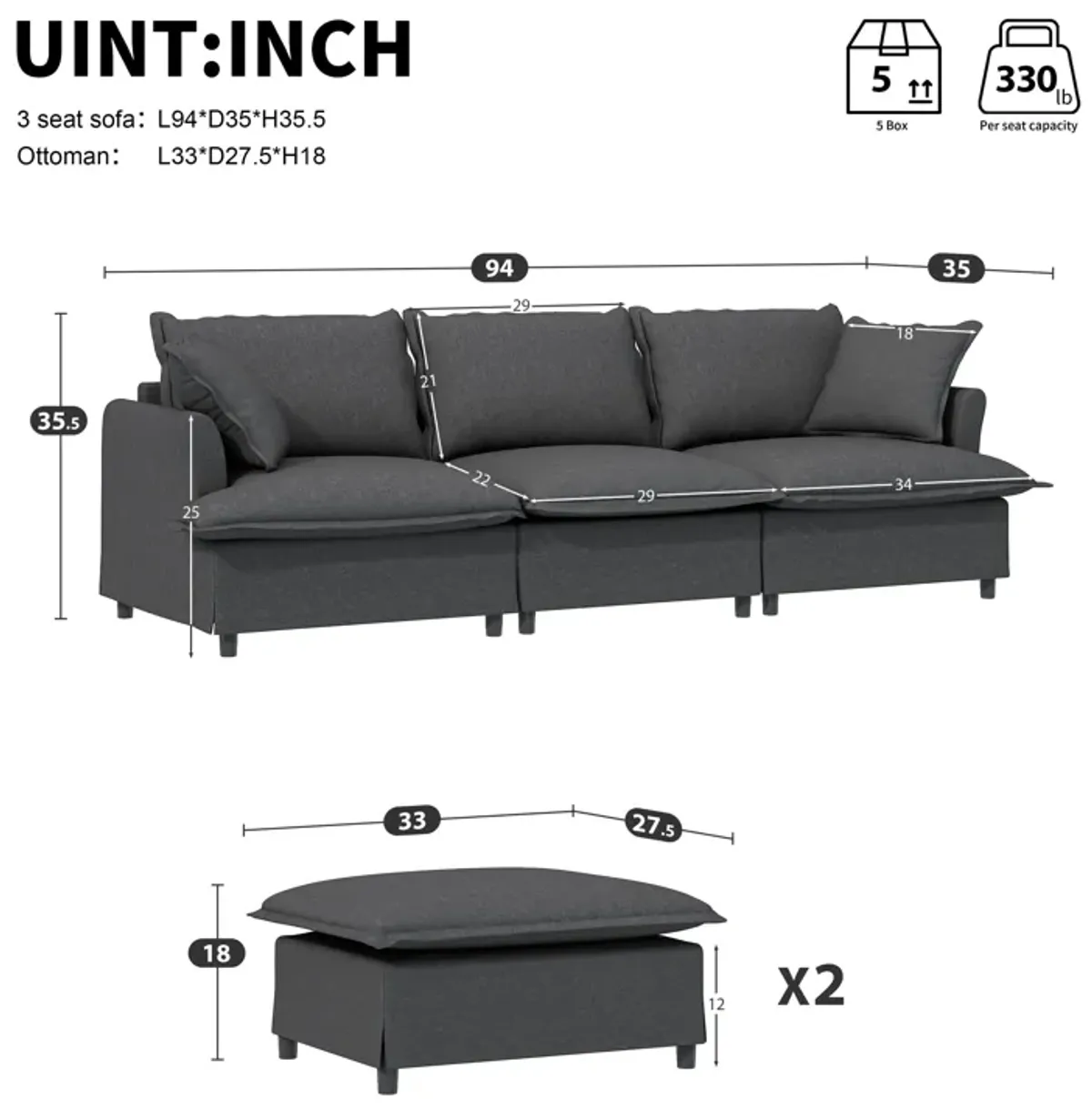 Sectional Sofa With Ottoman Cloud Couch Set With Throw Pillows, Free Combination