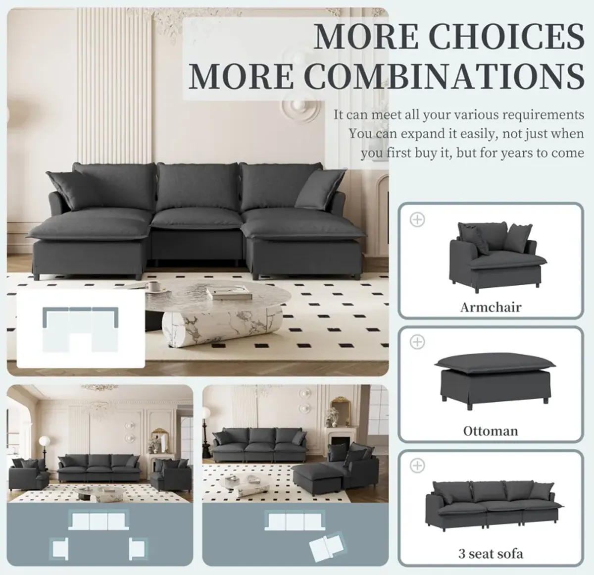 Sectional Sofa With Ottoman Cloud Couch Set With Throw Pillows, Free Combination