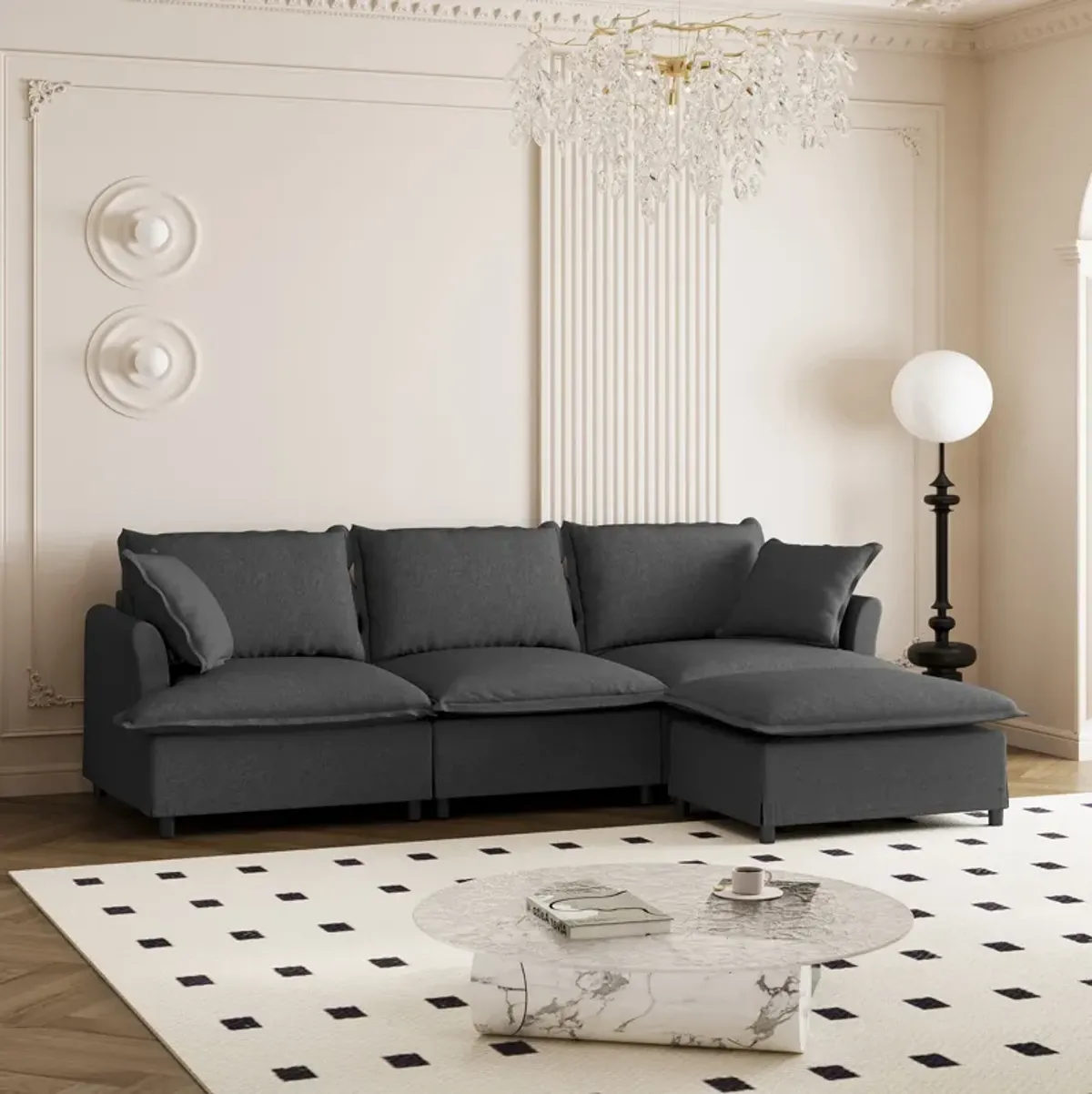 Sectional Sofa With Ottoman Cloud Couch Set With Throw Pillows, Free Combination