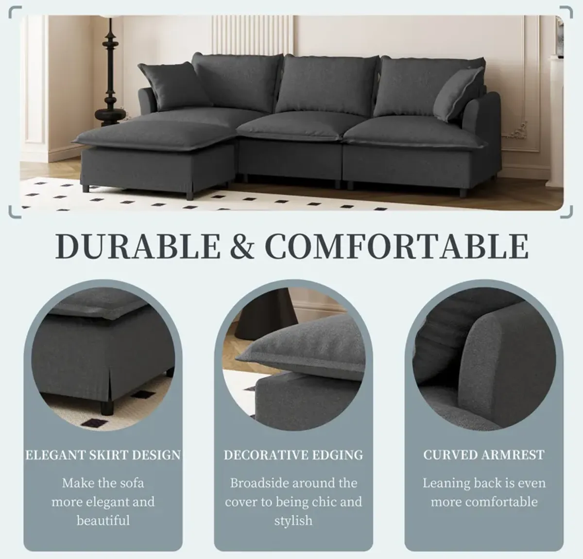 Sectional Sofa With Ottoman Cloud Couch Set With Throw Pillows, Free Combination