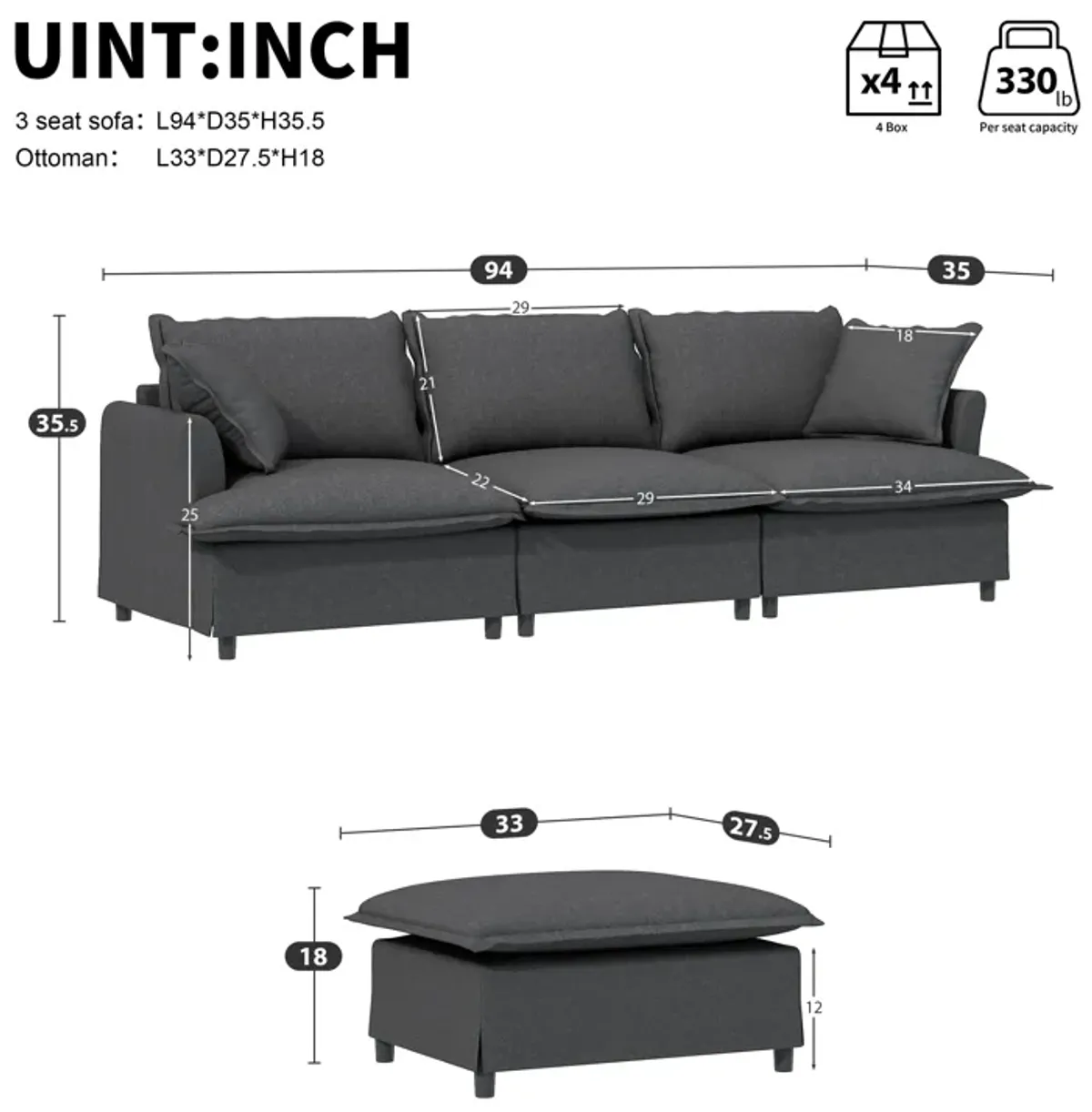 Sectional Sofa With Ottoman Cloud Couch Set With Throw Pillows, Free Combination