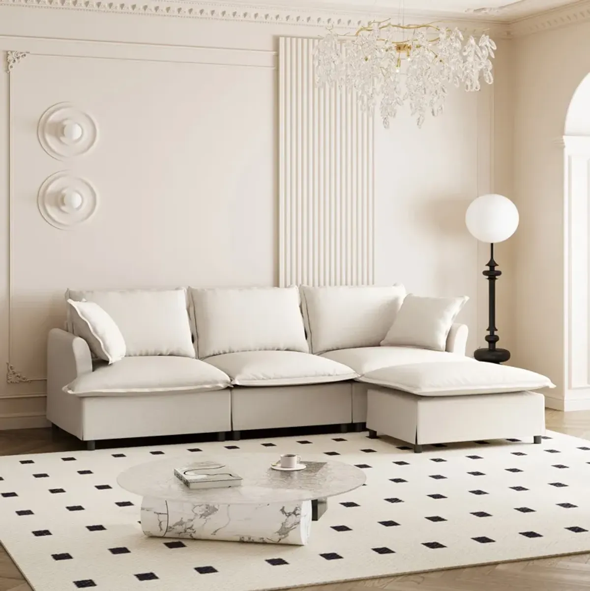 Sectional Sofa With Ottoman Cloud Couch Set With Throw Pillows, Free Combination