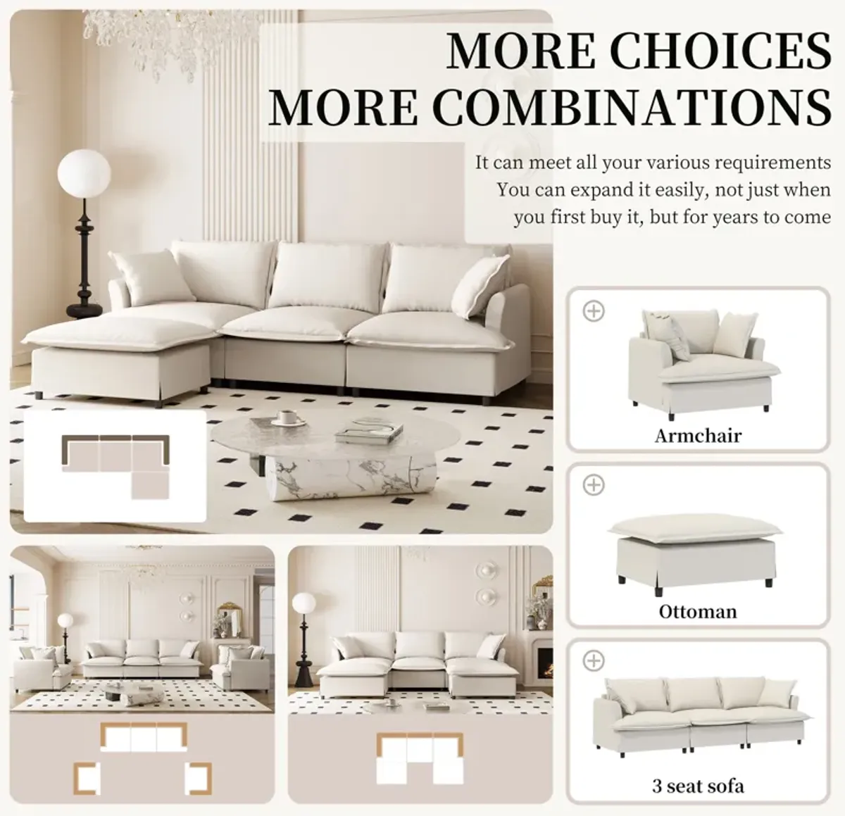 Sectional Sofa With Ottoman Cloud Couch Set With Throw Pillows, Free Combination