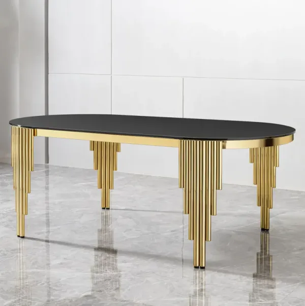 Glass Top Oval Dining Table With Gold Stainless Steel Base For 8 Seats - Gold / Black