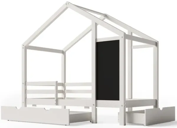 Twin House Bed With Blackboard And Drawers, 2 Assembly Options - White