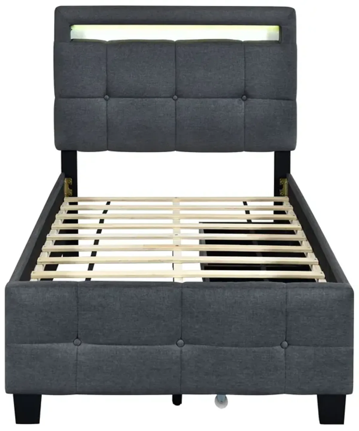 Upholstered Platform Bed With LED Frame, With Trundle And 2 Drawers