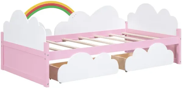 Twin Size Bed With Clouds And Rainbow Decor - Pink / White