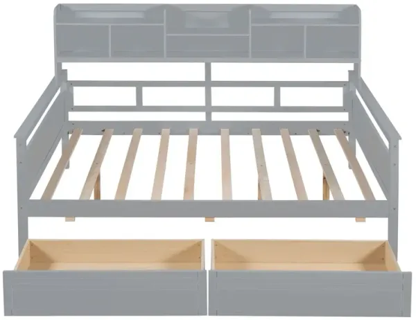 Full Size Daybed, Slat Support, With Bedside Shelf And 2 Drawers - Gray