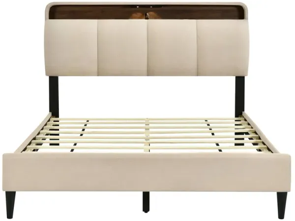 Upholstered Platform Bed With Storage Headboard, Sensor Light And A Set Of Sockets And USB Ports