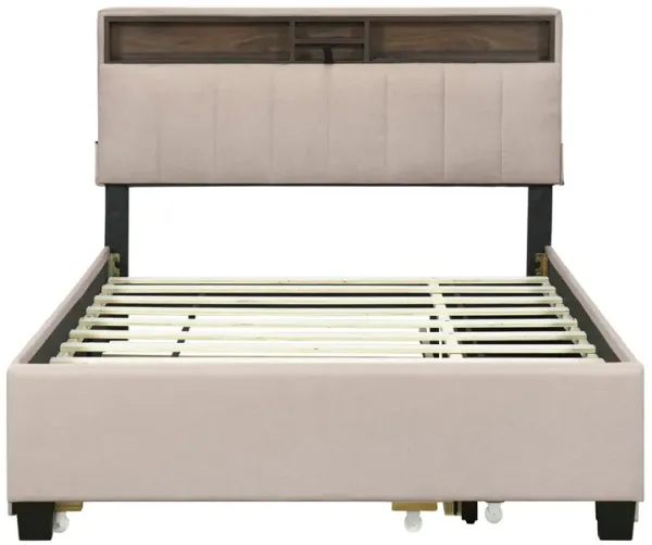 Upholstered Platform Bed With Storage Headboard, Trundle & 2 Drawers And A Set Of Sockets & USB Ports