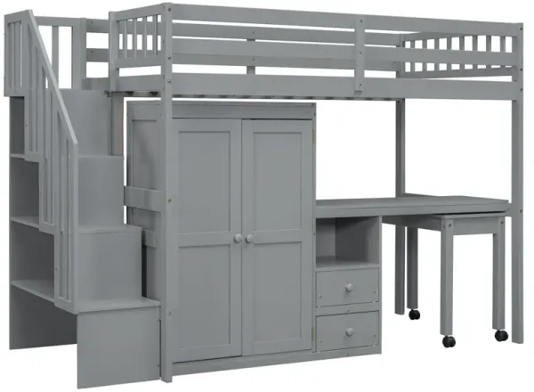 Loft Bed With Stairs, Bookshelf, Drawers, Desk & Wardrobe, Space Saving Multifunctional Furniture