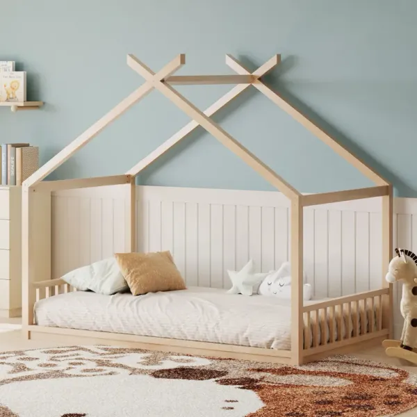 Montessori Style House Bed For Kids, Floor Bed Frame With Headboard And Footboard
