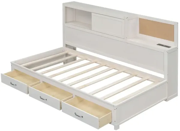 Twin Size Daybed With 3 Storage Drawers, Upper Soft Board, Shelf, And A Set Of Sockets And USB Ports - White